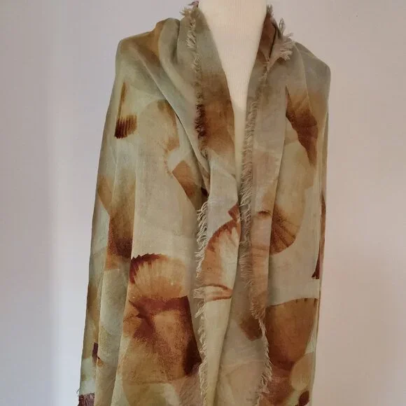 Painted dyed silk cashmere scarf wrap beige brown tan green blue gray grey khaki
